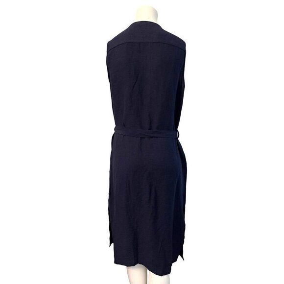 Zara Basic Medium Tie Waist Gold Zipper Dress Navy Blue Sleeveless Side Slits - Picture 4 of 6